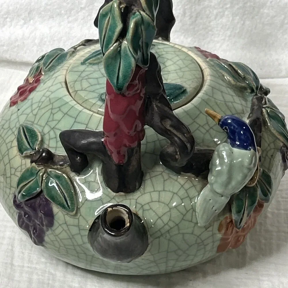 EXCEPTIONAL POTTERY TEAPOT WITH BIRD, FLOWERS & VINES~12